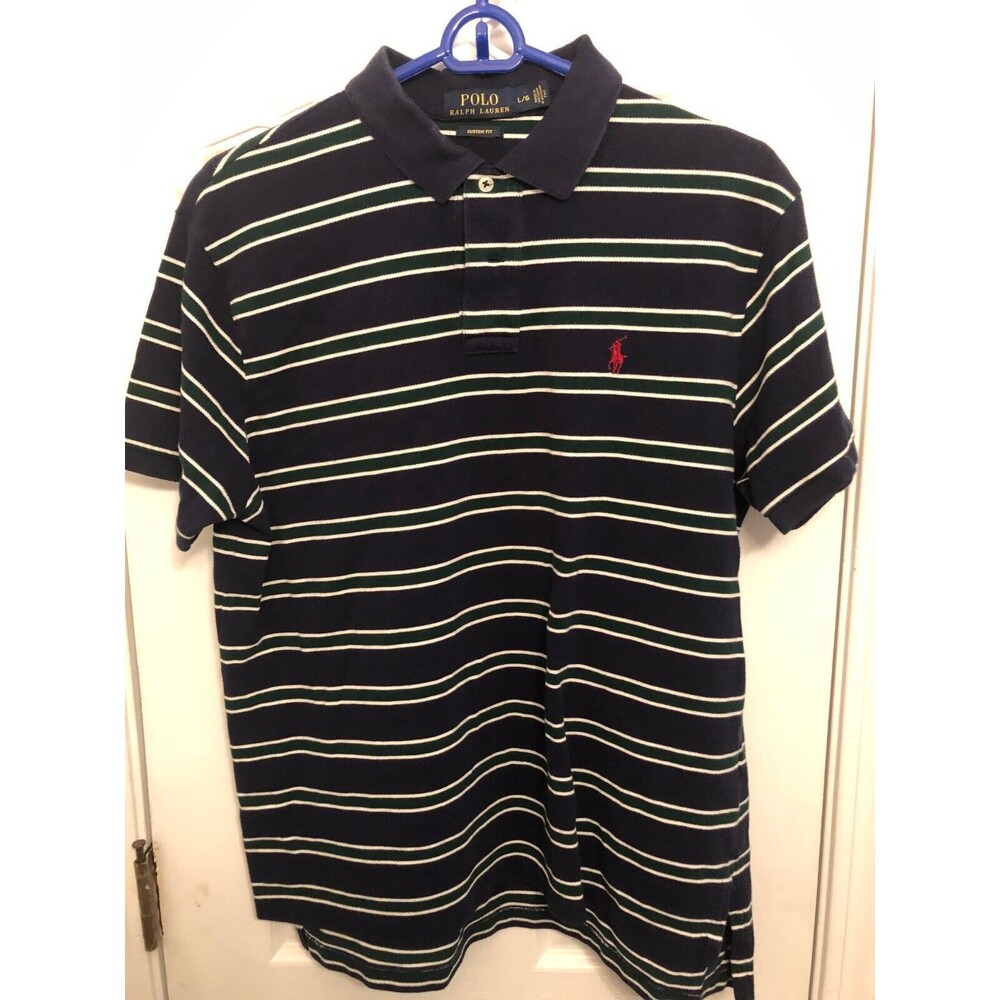 Polo Ralph Lauren Custom Fit Shirt Men's L Navy Blue Striped Red Pony
